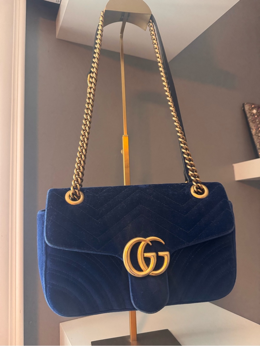 Gucci Navy Velvet Crossbody-shoulder Bag with Gold Double-G